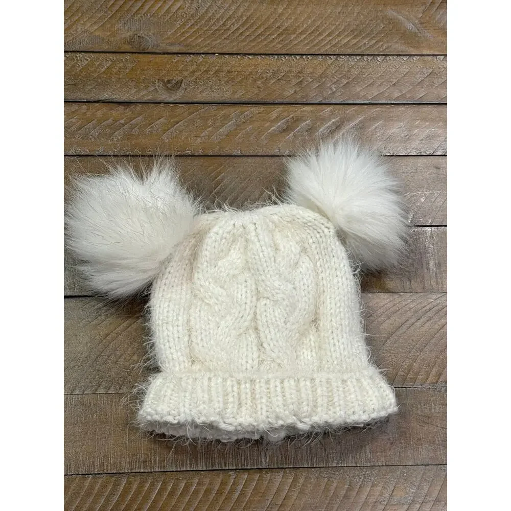 Primark Ivory Cable Knit Double Pom Pom Sweater Hat Beanie